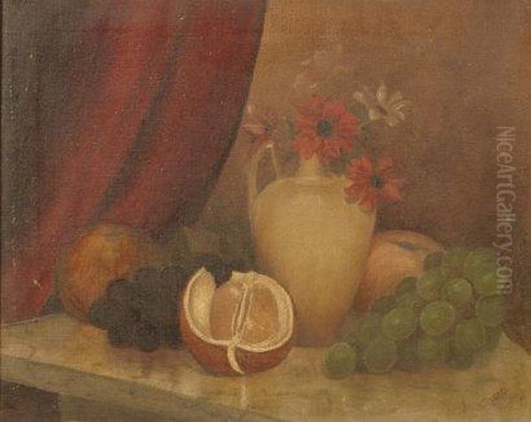 Still Life Of Fruit, Grapes, Vase And Flowers Oil Painting by Martin Cregan