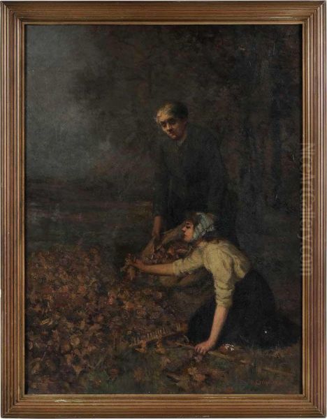 Raking Leaves Oil Painting by Richard Creifelds