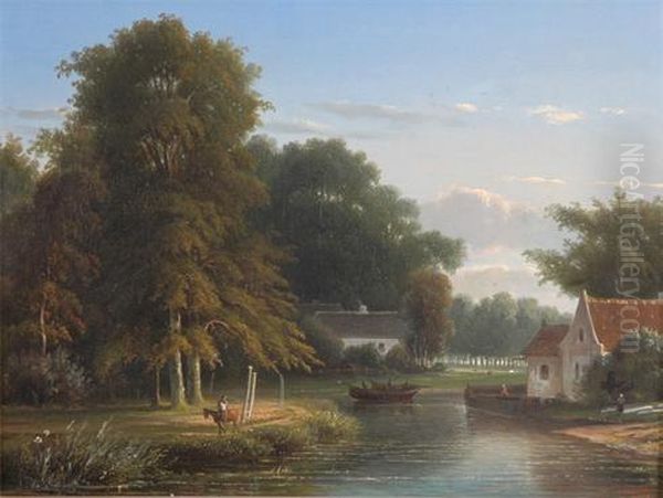 River Landscapes With Figures In A Boat Beside A Church Oil Painting by Jacobus Johannes Cremer