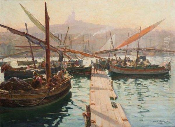 Ponton Sur Le Port De Marseille Oil Painting by Edouard Cremieux