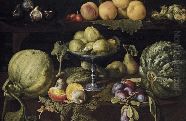 Figs On A Tazza, With Pears, Quinces, Melons, Plums, Mushrooms On Atable, With Figs, Cherries, Peaches, And Acorns On A Ledgeabove Oil Painting by Giovanni Battista Crescenzi