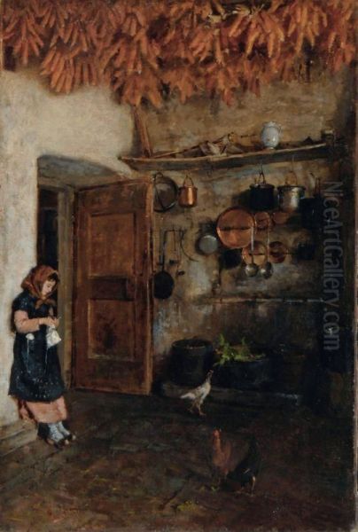 Cucina Colonica Con Contadinella Al Lavoro Oil Painting by Carlo Cressini