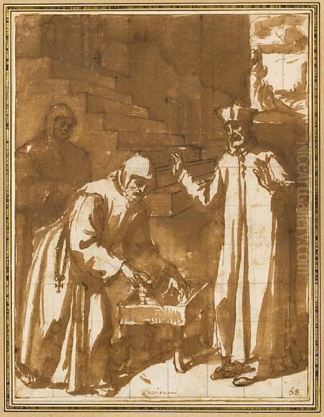 A Monk Grasping Hot Coals Before A Cleric Oil Painting by Domenico Cresti Il Passignano