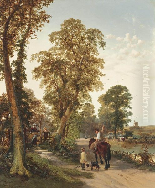 Figures And Animals On Along A River Bank, A Cottage And Windmill Beyond Oil Painting by Thomas Creswick