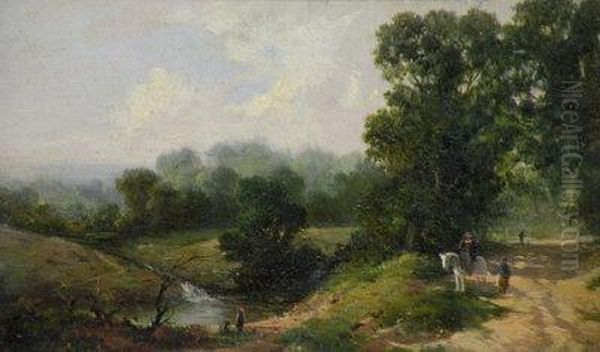 Figures On A Path In A Wooded River Landscape Oil Painting by Thomas Creswick