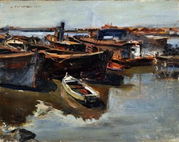 Barche Al Molo Oil Painting by Luigi Crisconio