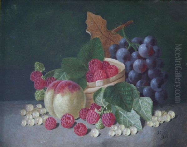 A Peach, Raspberries, Grapes And White Currants Oil Painting by George Crisp