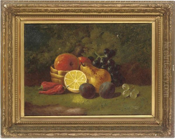 Chillies, Apples, An Orange, A Pear, Plums And Grapes On A Mossy Bank Oil Painting by George Crisp