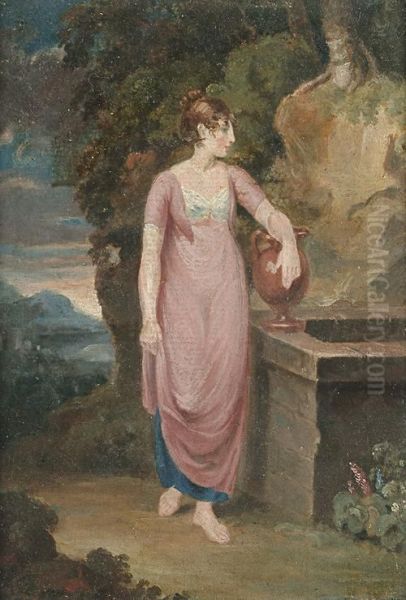 A Lady Standing Beside A Well In A Classical Landscape Oil Painting by Joshua Cristall