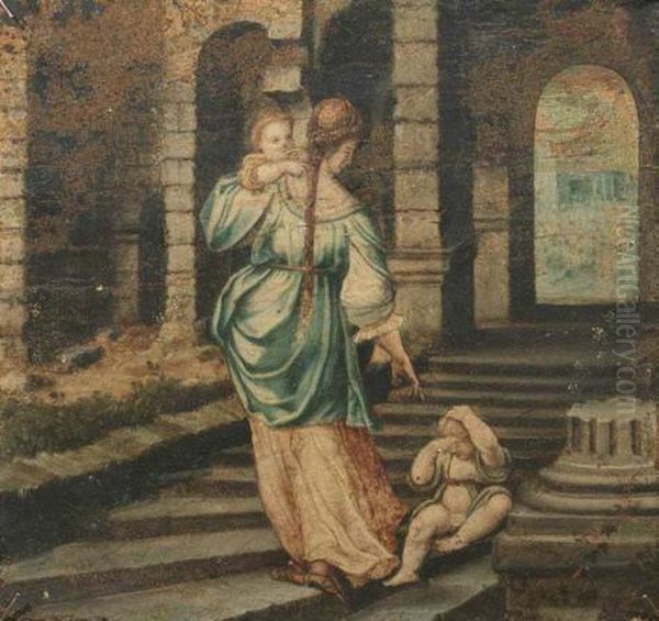 Madre Con Due Bambini In Una Architettura Classica Oil Painting by Francesco Franciabigio