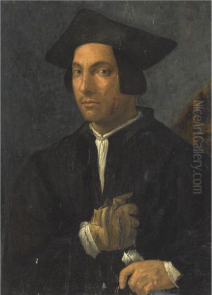 Portrait Of A Gentleman, Half-length, Wearing A Black Jacket Andhat, And One Glove, And Holding A Letter Oil Painting by Francesco Franciabigio