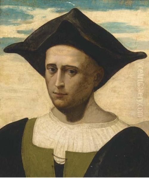 Portrait Of A Man, Bust-length, In A Green And Black Jacket Withwhite Shirt And Black Hat Oil Painting by Francesco Franciabigio