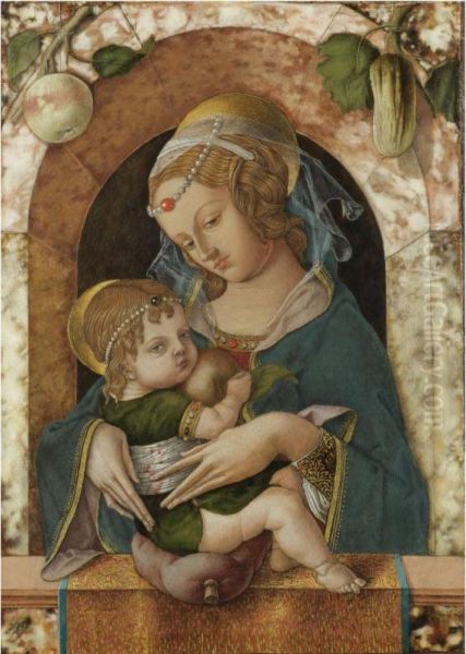 The Madonna And Child At A Marble Parapet, An Apple And A Gourdhanging From A Niche Behind Oil Painting by Carlo Crivelli