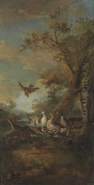 A Bird Of Prey, Ducks And Ducklings In A Landscape Oil Painting by Il Crivellino Giovanni Crivelli