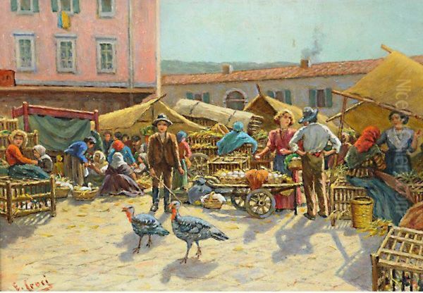 Trieste, Mercato In Piazza Oil Painting by Ernesto Croci