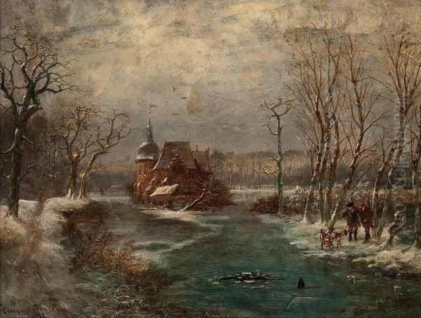 Winterlandschaft Mit Jagern Und Hunden Vor Einer Burg Oil Painting by Jean Croegaert-Van Bree