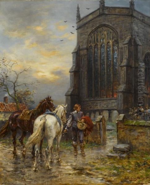 Musketier Mit Zwei Gesattelten Pferden Vor Einer Kathedrale Oil Painting by Ernest Crofts