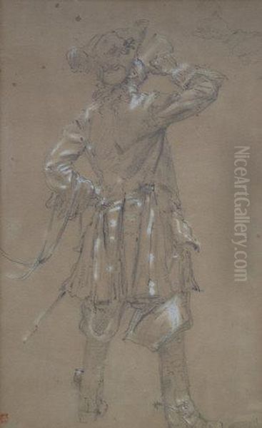 Study Of Man Standing Full Length Drinking From A Tankard Oil Painting by Ernest Crofts