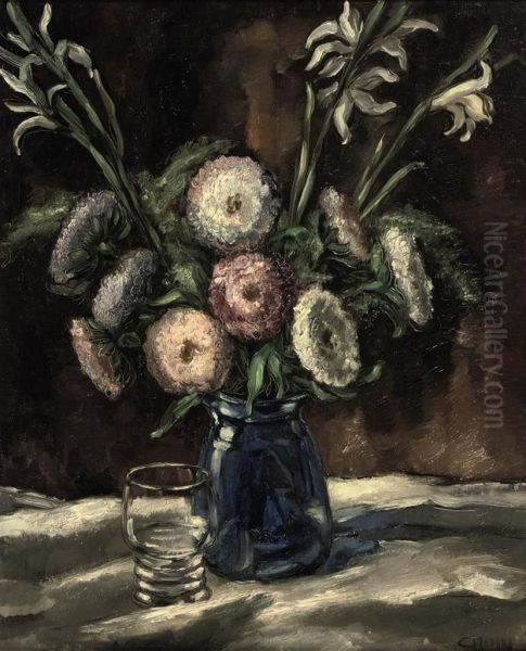 A Still Life With Flowers In A Blue Vase And A Glass Oil Painting by Jos Croin