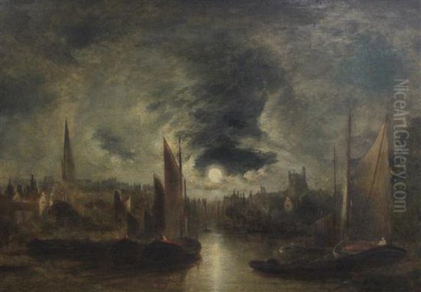 Moonlit Norwich River Landscape Oil Painting by John Crome