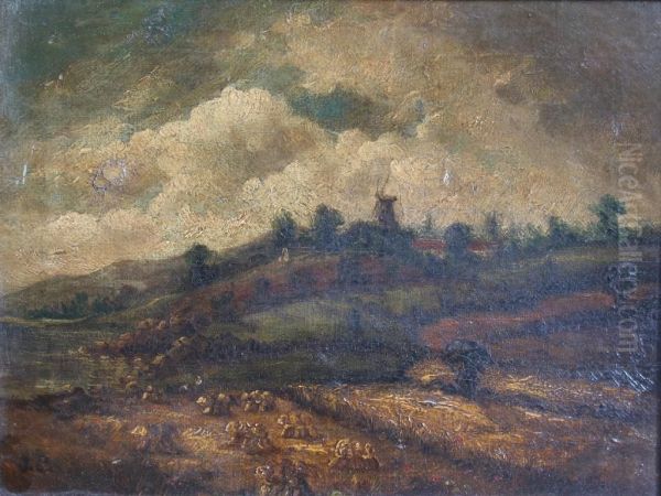 Landscape With A Cornfield And A Distant Windmill Oil Painting by John Crome