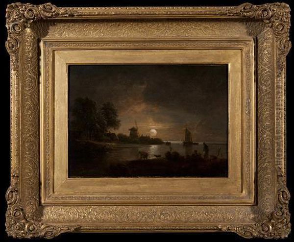 Moonlit River Scene Oil Painting by John Berney Crome