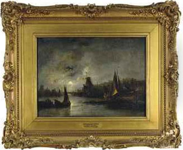 A Moonlit Village On A River Oil Painting by John Berney Crome