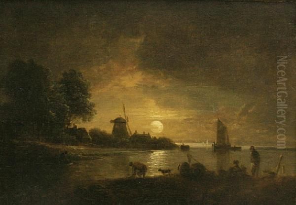 Moonlit River Scene Oil Painting by John Berney Crome