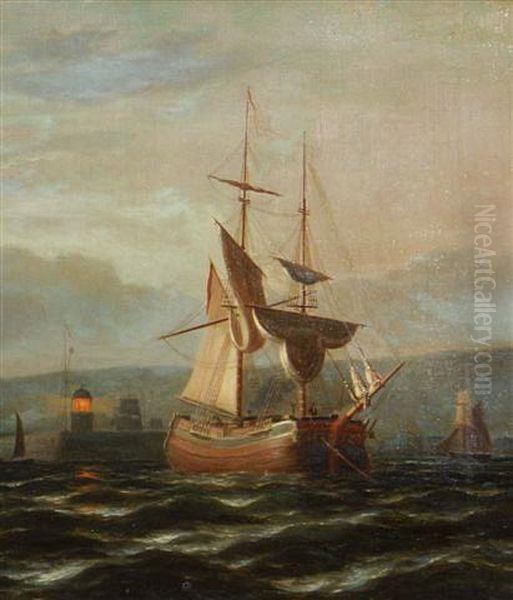 A Twin Masted Sailing Vessel Off A Harbour With Operating Lighthouse In Moonlit Waters Oil Painting by Vivian Crome