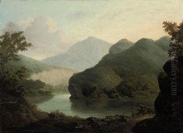 Two Travellers Resting By A Lake, A Mountainous Landscapebeyond Oil Painting by William Henry Crome