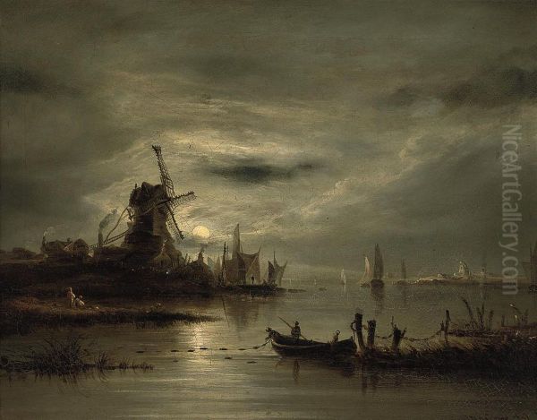 Moonlit View Near Great Yarmouth Oil Painting by William Henry Crome