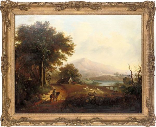 A Mounted Traveller On A Country Lane Beside A River Oil Painting by William Henry Crome