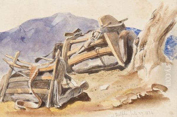 Delphi, A Study Of Two Saddles Resting Under A Tree Oil Painting by Thomas Hartley Cromek