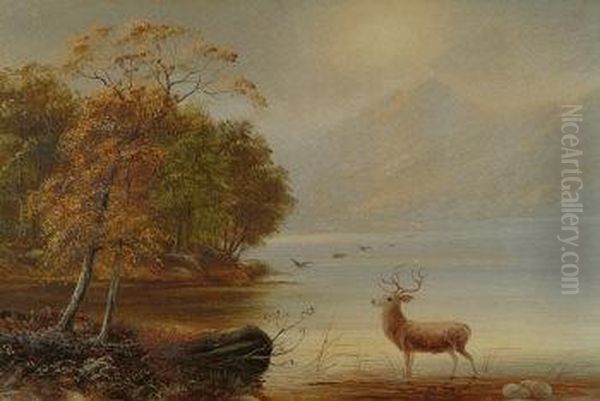 Misty Morning In The Highlands, Deer By A Loch Side, With Autumn Woodland And Hills Beyond, Companion Work By The Some Hand Oil Painting by James Shaw Crompton