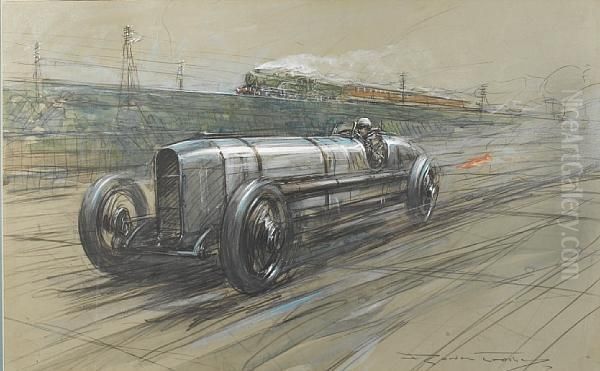 Kenelm Lee Guinnesssunbeam 350hp Land Speed Record Brooklands Oil Painting by Frederick Gordon Crosby