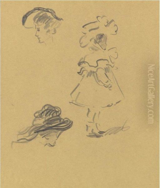 Two Women In Hats And A Child: A Sketch Oil Painting by Raymond Moreau Crosby