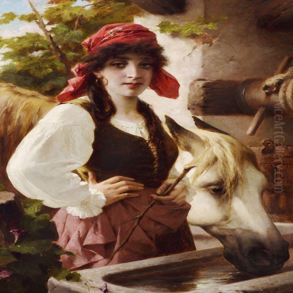 Italian Peasant Girl With A White Horse Oil Painting by Luigi Crosio