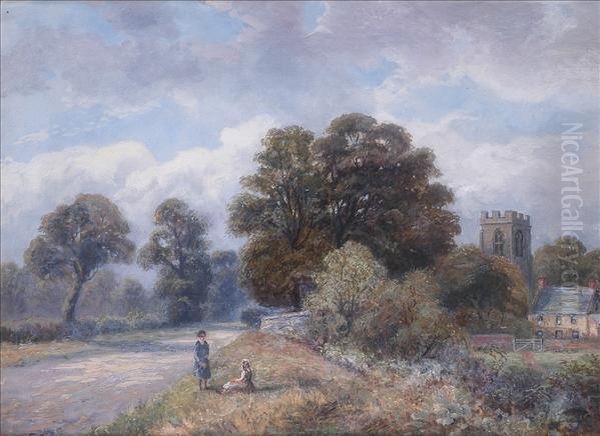 A Nottinghamshirevillage, Sunlit Summer Scene With Figures, Church And Farmhousebeyond Oil Painting by Enoch Crosland