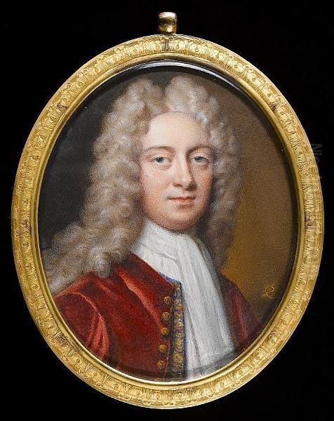 A Gentleman, Wearing Crimson Coat With Gold Buttons Over Blue Waistcoat Heavily Embroidered With Red And Gold Floral Motif, White Jabot And Long Powdered Wig. Oil Painting by Peter Cross