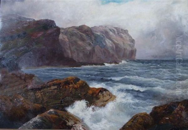 A Rocky Coastal Scene With Boats In The Distance Oil Painting by James Henry Crossland