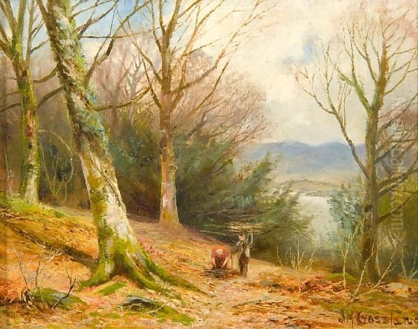 Gathering Firewood In A Lakeland Landscape Oil Painting by James Henry Crossland