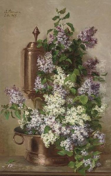 Lilacs In Bloom In A Copper Bowl Oil Painting by Julie Crouan