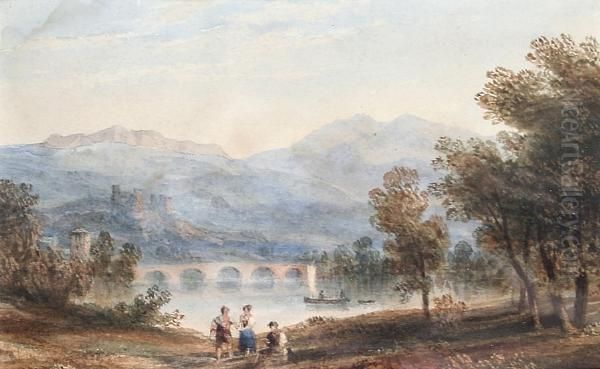 An Italian Lake Landscape With Figures Before Oil Painting by William Crouch