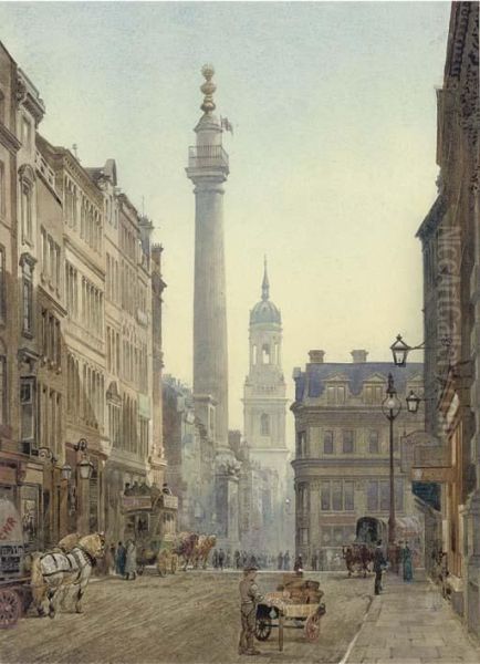 The Monument From Gracechurch Street Oil Painting by John Crowther