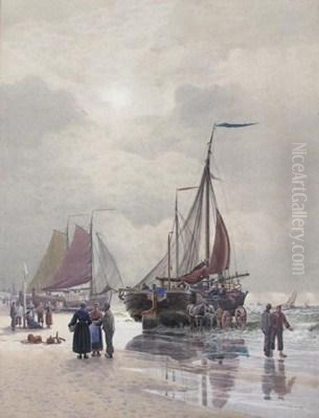 Fisherfolk On The Shore Oil Painting by William Edwards Croxford