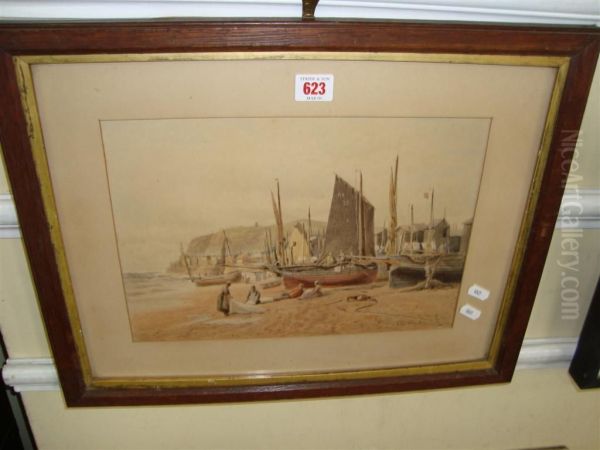 Figures With Beached Fishing Boat And Fishermens Oil Painting by William Edwards Croxford