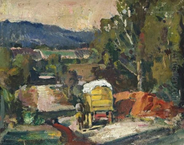 Man On Horse Beside Cart Oil Painting by Frank R. Crozier