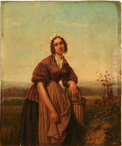 Woman With Basket Oil Painting by A.C . Cruger