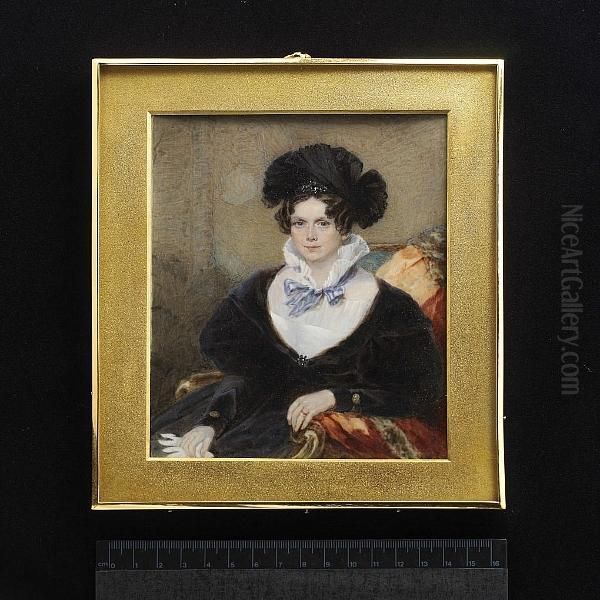 A Lady, Seated, Wearing Black Dress With White Fill-in And Standing Frilled Collar Tied With A Pale Blue Ribbon Bow, Black Headdress With Jewelled Pin, She Holds A White Glove, Her Fur-trimmed Red Cloak Draped Over The Chair. Oil Painting by Frederick Cruickshank