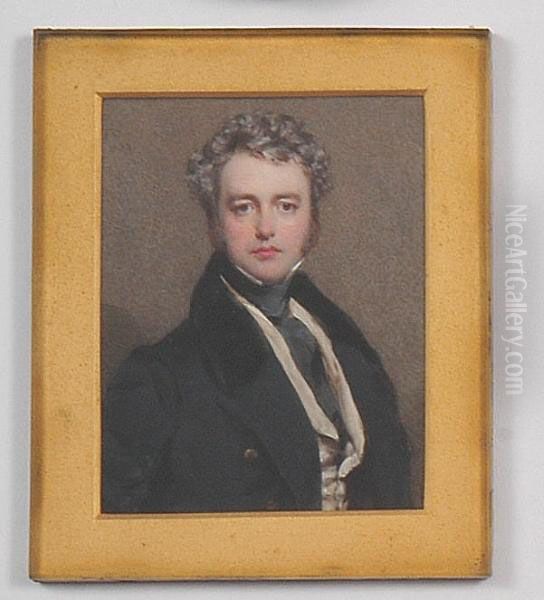 A Miniature Portrait Of A Gentleman, J. Gibson Reeves, Wearing A Black Frock Coat, A White Waistcoat And Black Cravat With Grey Hair Oil Painting by Frederick Cruickshank